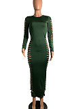 Sky Blue Women Sexy Pure Color Long Sleeve Hollow Out Mid Waist Round Collar Long Dress NYP013-3