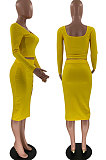 Black Fashion Long Sleeve Square Neck Bodycon Tops High Waist Slit Skirts Sexy Sets LM88816-1