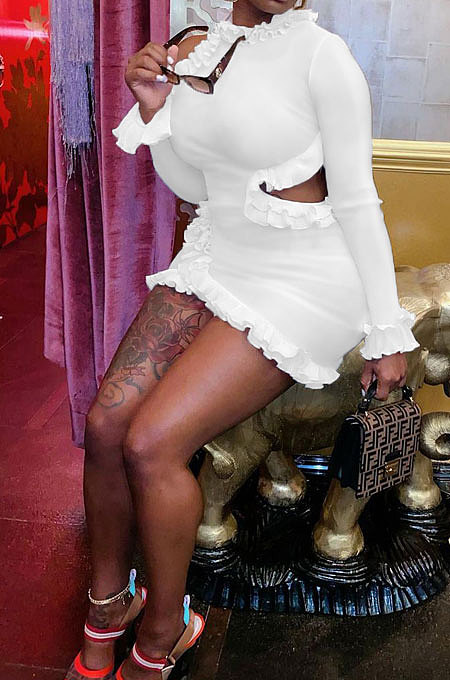 White Wholesale Sexy Ruffle Side  Long Sleeve Off Shoulder Slim Fitting Mini Dress KY3095-2
