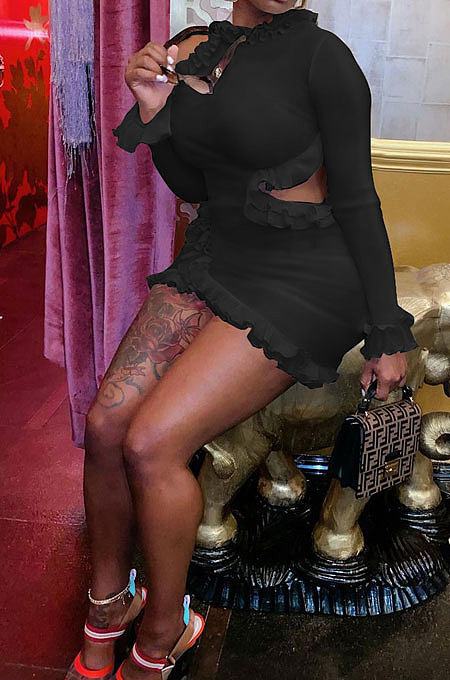 Black Wholesale Sexy Ruffle Side  Long Sleeve Off Shoulder Slim Fitting Mini Dress KY3095-3
