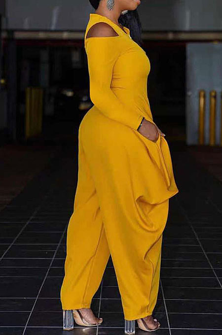Rose Red Modest  Newest Long Sleeve Off Shoulder Zip Front Loose Solid Color Jumpsuits AMX6057-4