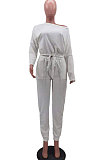 Rose Red Cotton Blend A Wrod Shoulder Long Sleeve T Shirts Sweat Pants Sets HHM6528-3