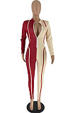 Apricot Red Newest Women Spliced Long Sleeve Stand Collar Zip Front Collect Waist Bodycon Jumpsuits AMX6056