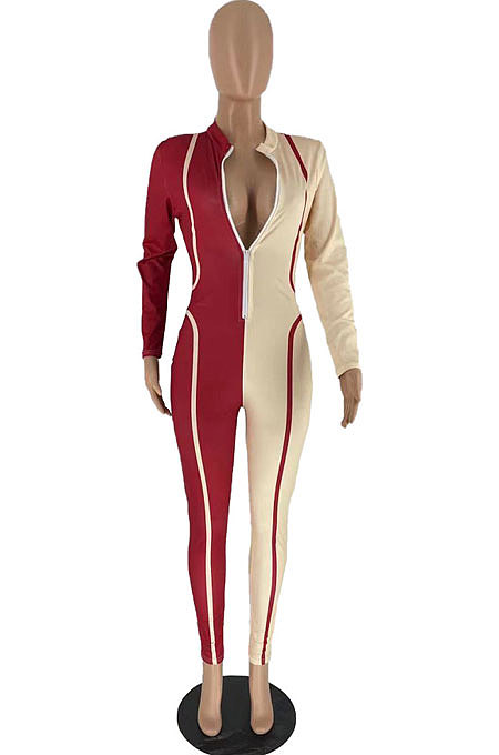 Apricot Red Newest Women Spliced Long Sleeve Stand Collar Zip Front Collect Waist Bodycon Jumpsuits AMX6056
