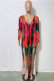 Pink Cotton Blend Print Long Sleeve V Neck Zip Back Slim Fitting Slit Jumpsuits JH275-2