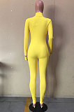 Yellow Ribber Letter Embroidery Long Sleeve Zip Front Solid Color Bodycon Jumpsuits D8456 