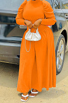 Orange Women Fashion Casual Tight Solid Color High Collar Pullover Collect Waist Puff Sleeve Long Dress MR2124-3