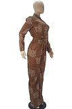 Coffee Women Casual Loose Fashion Long Sleeve Casual Jumpsuit With Waistband SDD9802-1