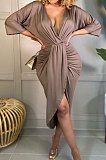 Brown Cotton Blend Sexy Long Sleeve Deep V Collar Ruffle Slit Dress AMX6060-3