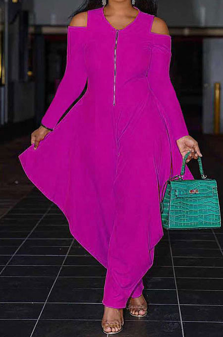 Orange Modest  Newest Long Sleeve Off Shoulder Zip Front Loose Solid Color Jumpsuits AMX6057-1