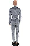 Gray Casual Newest Velvet Long Sleeve Stand Neck Zip Front Collcet Waist Drawsting Jumpsuits LY047-2