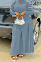 Gray Women Fashion Casual Tight Solid Color High Collar Pullover Collect Waist Puff Sleeve Long Dress MR2124-4