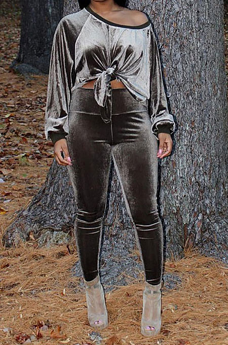 Dark Green Women Long Sleeve Round Collar Korea Velvet Solid Color Sexy Long Pants Sets MR2123-6