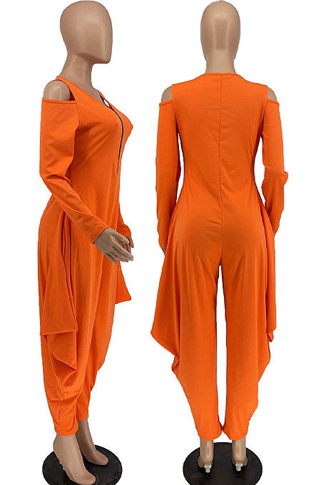 Orange Modest  Newest Long Sleeve Off Shoulder Zip Front Loose Solid Color Jumpsuits AMX6057-1