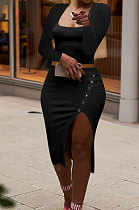 Black Fashion Long Sleeve Square Neck Bodycon Tops High Waist Slit Skirts Sexy Sets LM88816-1