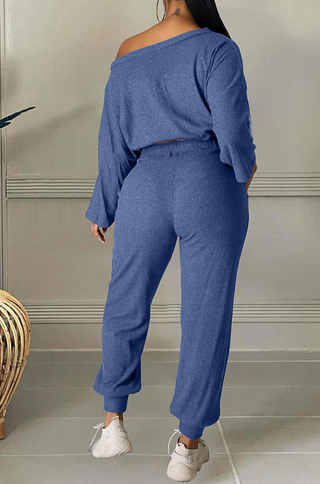 White Cotton Blend A Wrod Shoulder Long Sleeve T Shirts Sweat Pants Sets HHM6528-1
