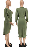 Brown Cotton Blend Sexy Long Sleeve Deep V Collar Ruffle Slit Dress AMX6060-3