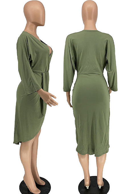 Army Green Cotton Blend Sexy Long Sleeve Deep V Collar Ruffle Slit Dress AMX6060-2
