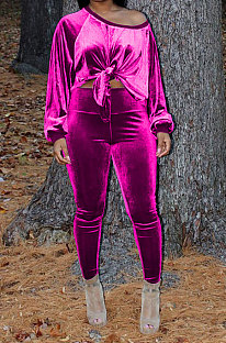 Rose Red Women Long Sleeve Round Collar Korea Velvet Solid Color Sexy Long Pants Sets MR2123-4