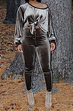 Gray Women Long Sleeve Round Collar Korea Velvet Solid Color Sexy Long Pants Sets MR2123-3