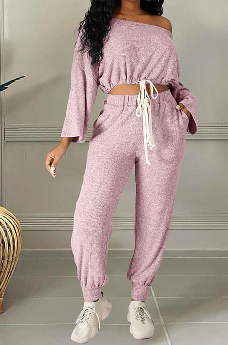 White Cotton Blend A Wrod Shoulder Long Sleeve T Shirts Sweat Pants Sets HHM6528-1