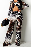 Tiger Pattern Women Sexy Trendy Long Sleeve Hollow Out Printing Pants Sets  HZF57822