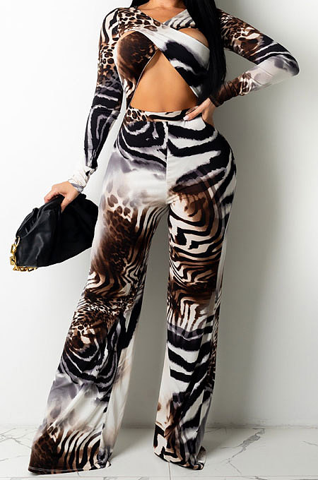 Tiger Pattern Women Sexy Trendy Long Sleeve Hollow Out Printing Pants Sets  HZF57822