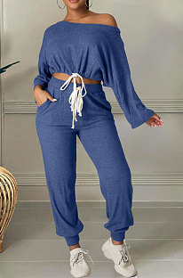 Peacock Blue Cotton Blend A Wrod Shoulder Long Sleeve T Shirts Sweat Pants Sets HHM6528-4