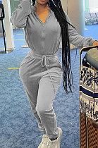 Gray Casual Newest Velvet Long Sleeve Stand Neck Zip Front Collcet Waist Drawsting Jumpsuits LY047-2