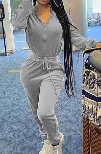 Gray Casual Newest Velvet Long Sleeve Stand Neck Zip Front Collcet Waist Drawsting Jumpsuits LY047-2