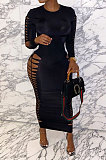 Red Women Sexy Pure Color Long Sleeve Hollow Out Mid Waist Round Collar Long Dress NYP013-2