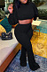Black Autumn Winter Woolen Knitting Lantern Sleeve Round Neck Crop Tops High Waist Flare Pants Sollid Color Sets LML270-1