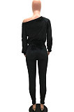 Black Women Long Sleeve Round Collar Korea Velvet Solid Color Sexy Long Pants Sets MR2123-1