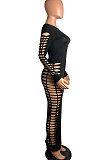 Army Green Women Sexy Pure Color Long Sleeve Hollow Out Mid Waist Round Collar Long Dress NYP013-4