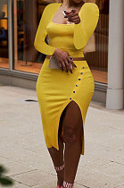 Yellow Fashion Long Sleeve Square Neck Bodycon Tops High Waist Slit Skirts Sexy Sets LM88816-5