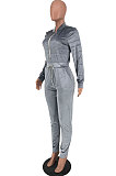Gray Casual Newest Velvet Long Sleeve Stand Neck Zip Front Collcet Waist Drawsting Jumpsuits LY047-2