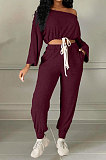 White Cotton Blend A Wrod Shoulder Long Sleeve T Shirts Sweat Pants Sets HHM6528-1