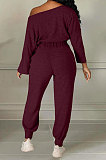 White Cotton Blend A Wrod Shoulder Long Sleeve T Shirts Sweat Pants Sets HHM6528-1