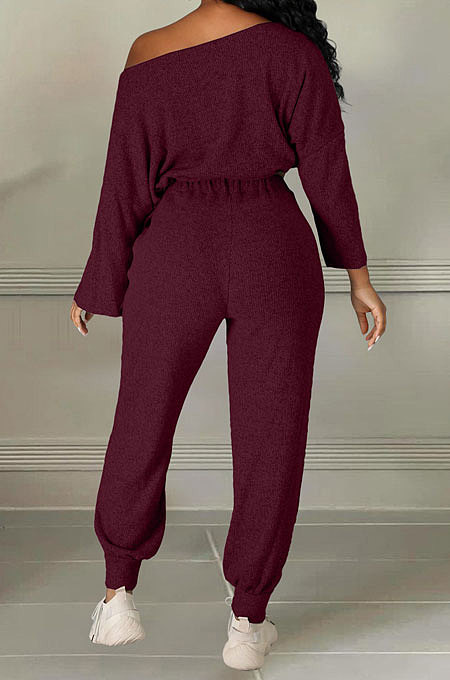 White Cotton Blend A Wrod Shoulder Long Sleeve T Shirts Sweat Pants Sets HHM6528-1