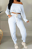 Rose Red Cotton Blend A Wrod Shoulder Long Sleeve T Shirts Sweat Pants Sets HHM6528-3