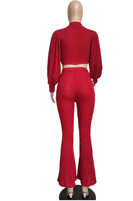 Black Autumn Winter Woolen Knitting Lantern Sleeve Round Neck Crop Tops High Waist Flare Pants Sollid Color Sets LML270-1
