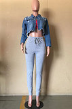 Drak Blue Autumn Winter Cute Casual Long Sleeve Hole Jean Coat D8455