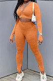 Red Cotton Blend Wholesale Long Sleeve Zip Front Crop Tops Bodycon Pants Sets KY3097-1