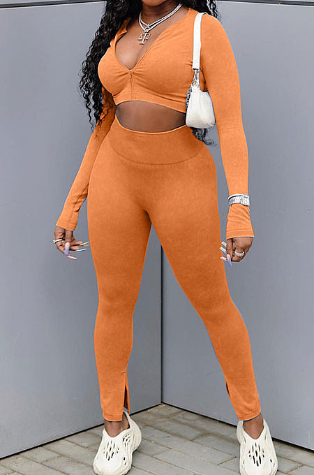 Red Cotton Blend Wholesale Long Sleeve Zip Front Crop Tops Bodycon Pants Sets KY3097-1