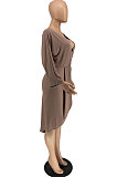Black Cotton Blend Sexy Long Sleeve Deep V Collar Ruffle Slit Dress AMX6060-1