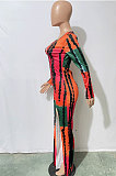 Pink Cotton Blend Print Long Sleeve V Neck Zip Back Slim Fitting Slit Jumpsuits JH275-2