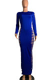 Black Women Sexy Pure Color Long Sleeve Hollow Out Mid Waist Round Collar Long Dress NYP013-1