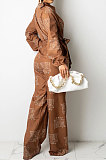Coffee Women Casual Loose Fashion Long Sleeve Casual Jumpsuit With Waistband SDD9802-1