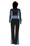Blue Euramerican Sexy Hooded Zipper Spliced Flare Leg Pants Sets HZF57820