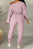 Rose Red Cotton Blend A Wrod Shoulder Long Sleeve T Shirts Sweat Pants Sets HHM6528-3